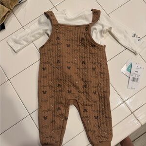 Disney Brown Quilted Mickey Print Overalls